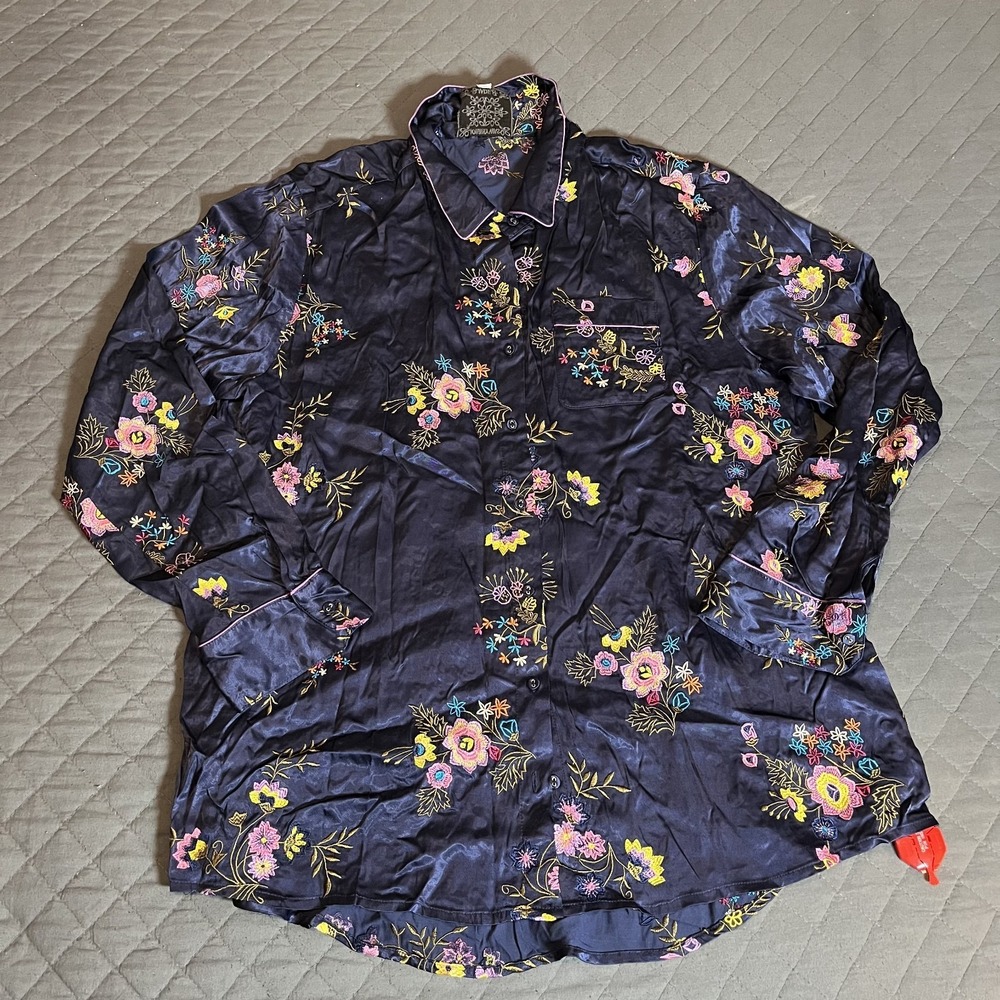 Johnny Was Love Misty Rayon Women's XL Blue Viscose Button Down Shirt Embroid